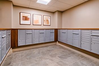 A row of grey lockers are lined up against a wall with two framed pictures hanging above them